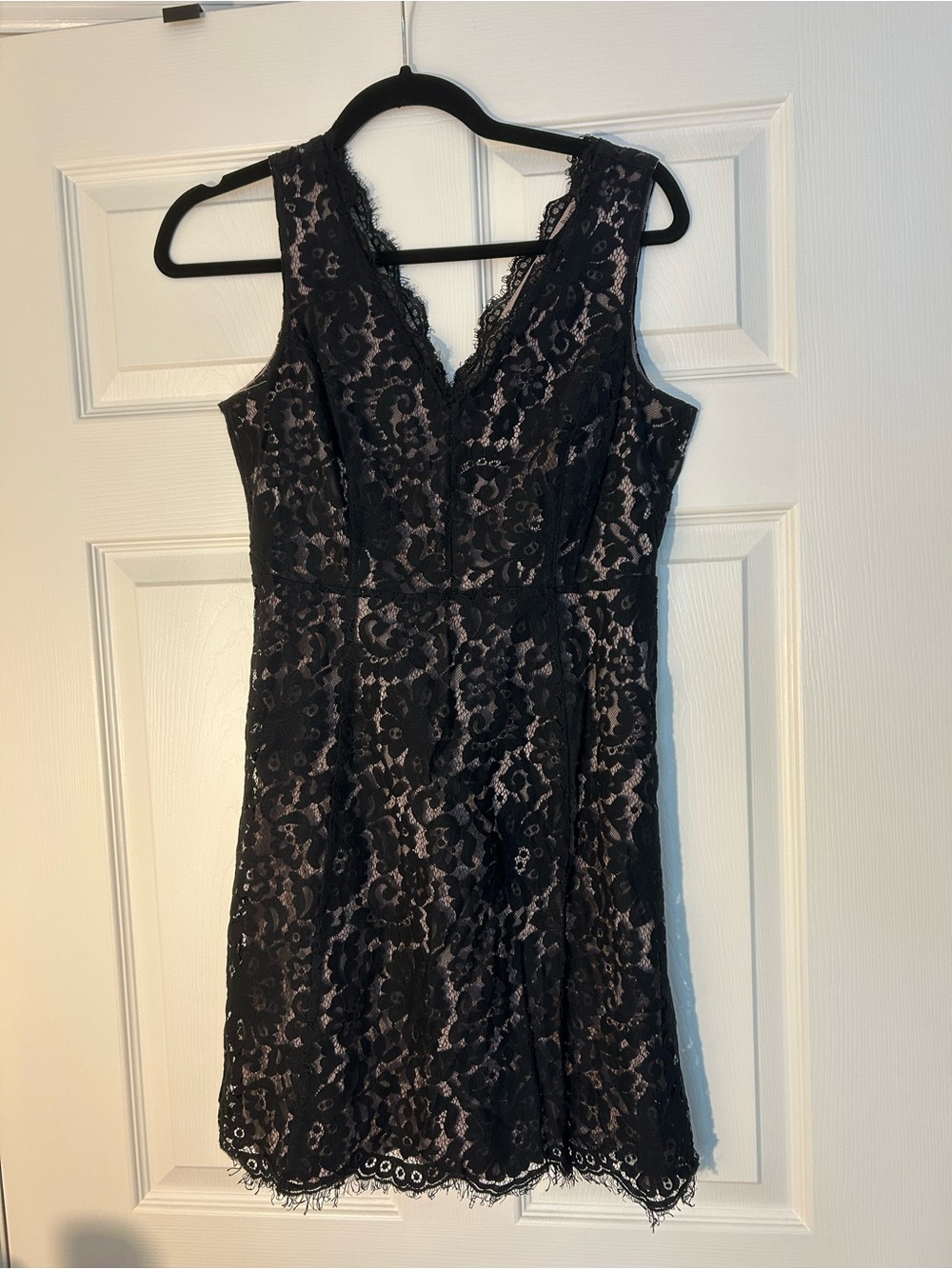 LOFT Black Lace V-Neck Mini Dress with Nude Lining